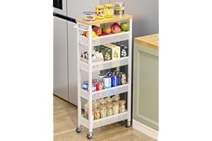 Giwil Slim Storage Cart 5 Tier Narrow Kitchen Rolling Cart on Wheels for Small Space, Metal Utility Cart Narrow Bathroom Storage Cabinet Mobile Shelf Unit Organizer with Wood Top and Handle, White
