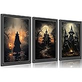 3pcs Halloween Canvas Wall Art Dark Academia Scary Witch Black Cat Castle Posters Prints Thriller Horror Gothic Wall Decor Pictures for Halloween Party House Decoration Unframed