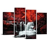 LevvArts Black White and Red Wall Art 4 Pieces Red Tree Forest Waterfall Picture Canvas Print Autumn Landscape Paintings Framed for Office Home Living Room Decor Ready to Hang