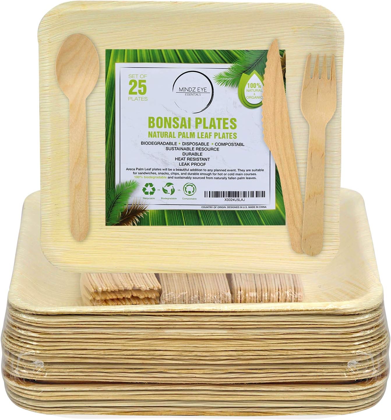 Compostable Palm Leaf Plates and Utensils Set (100 Total