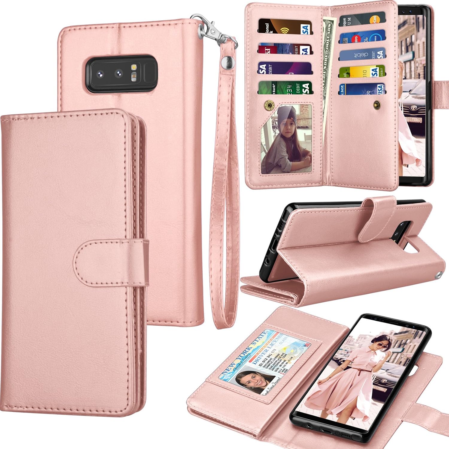 Tekcoo Compatible for Galaxy Note 8 Wallet Case/Samsung Galaxy Note 8 PU Leather Case, Luxury ID Credit Card Slots Holder Carrying Flip Cover [Detachable Magnetic Hard Case] Kickstand - Rose Gold