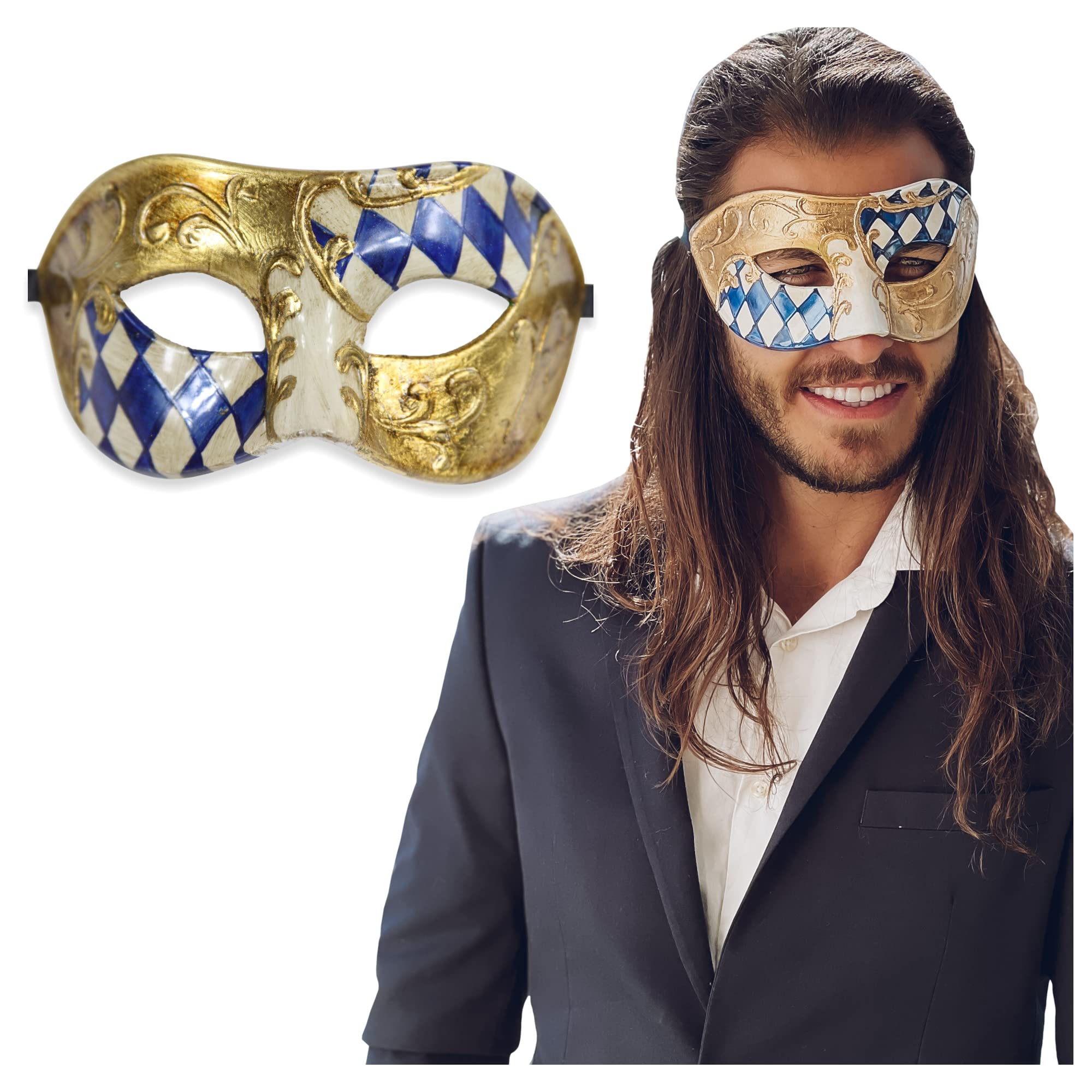 Luxury Mask Men's Vintage Design Masquerade Prom Mardi Gras Venetain One Size Blue/Gold Half Checkered