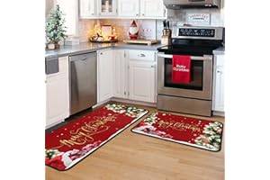KUKLI KITCHEN Christmas Kitchen Rugs 2 PCS, Merry Christmas Kitchen Rug, Non Skid Washable Padded Soft Comfort Kitchen Rugs Set (17"x47"+17"x30",Merry Christmas)
