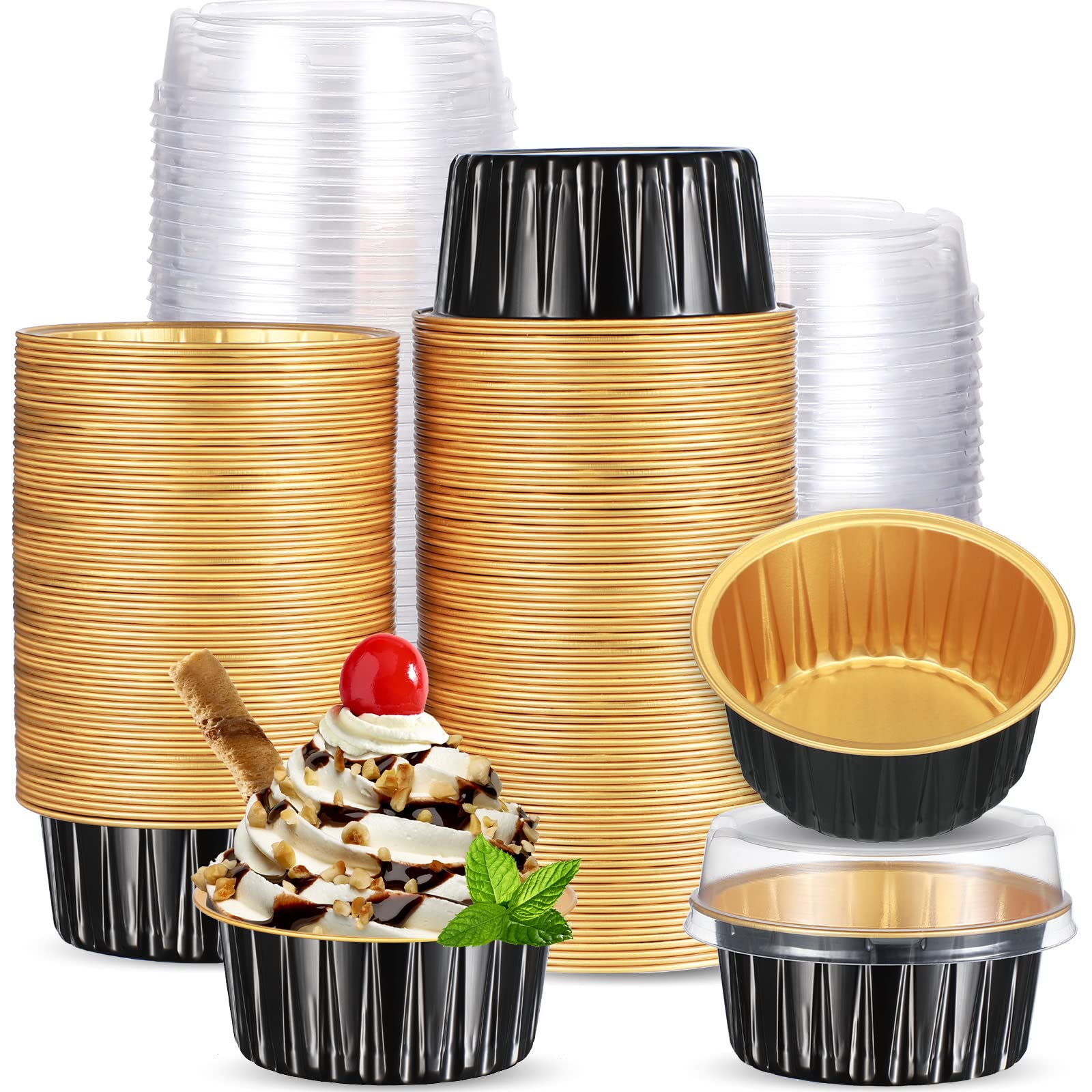 Photo 1 of 150 Count Aluminum Foil Baking Cup Disposable Ramekins with Lids 5oz Mini Cupcake Liners Flan Mold Mini Cake Pans with Lids Disposable Cake Tins for Pudding Desert Creme Brulee (Black, Gold)