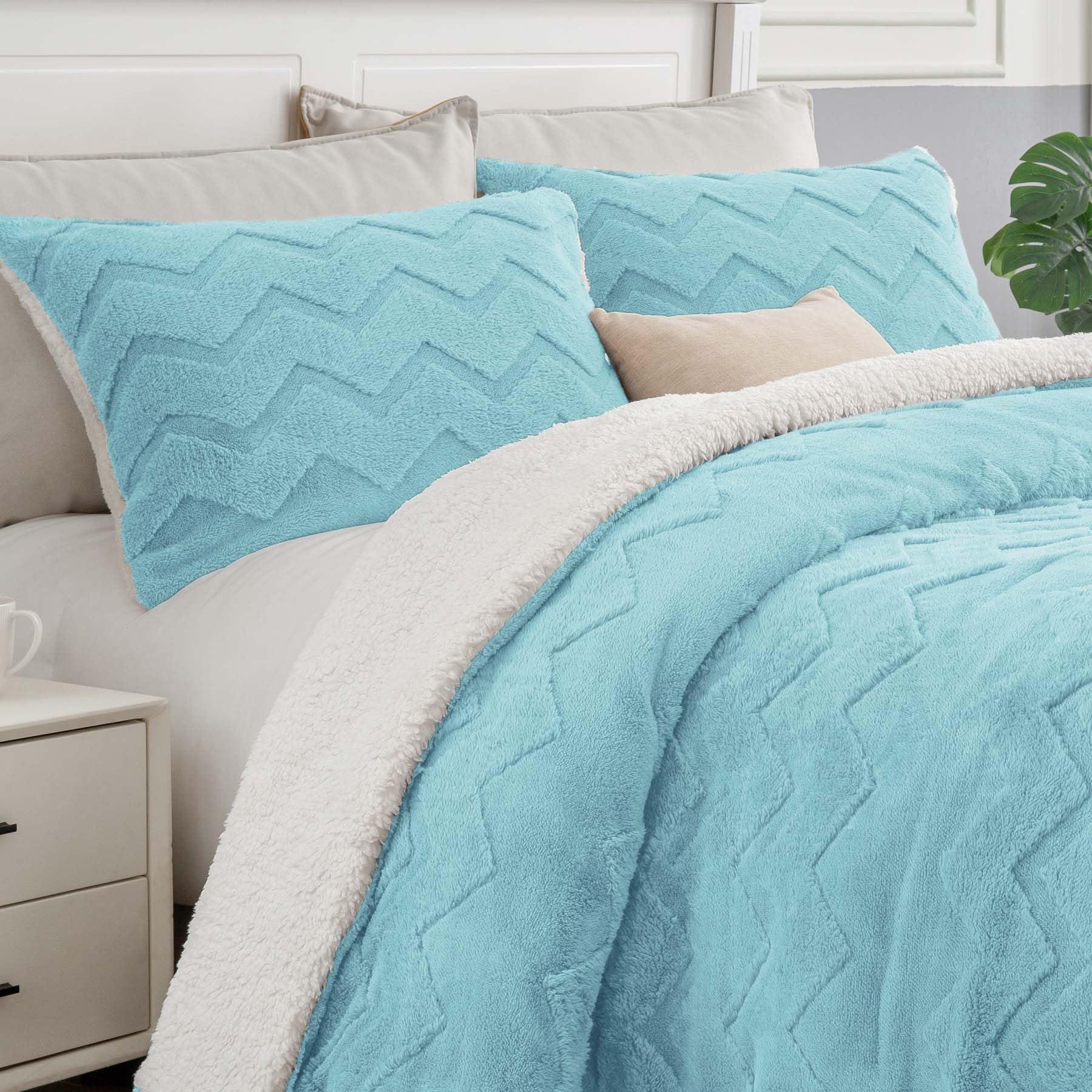 Photo 1 of BEDELITE Fluffy Queen Comforter Set - Super Soft Sherpa Light Blue Comforter for Queen Size Bed, Luxury Warm Bedding Set for Winter, Fuzzy Bed Set 3 Pieces (1 Comforter, 2 Pillowcases)