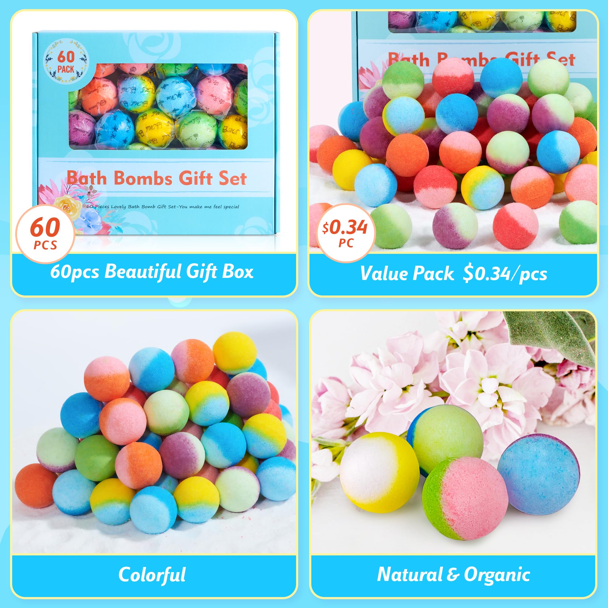 60 Pcs Bath Bombs Set - Massive Quantity Natural Bath Bombs for Kids/Women/Men Individually Wrapped Handmade Bath Bombs & Organic Bath Supplies Relaxing Kit - for Birthday, Christmas, Mother's Day - Image 2