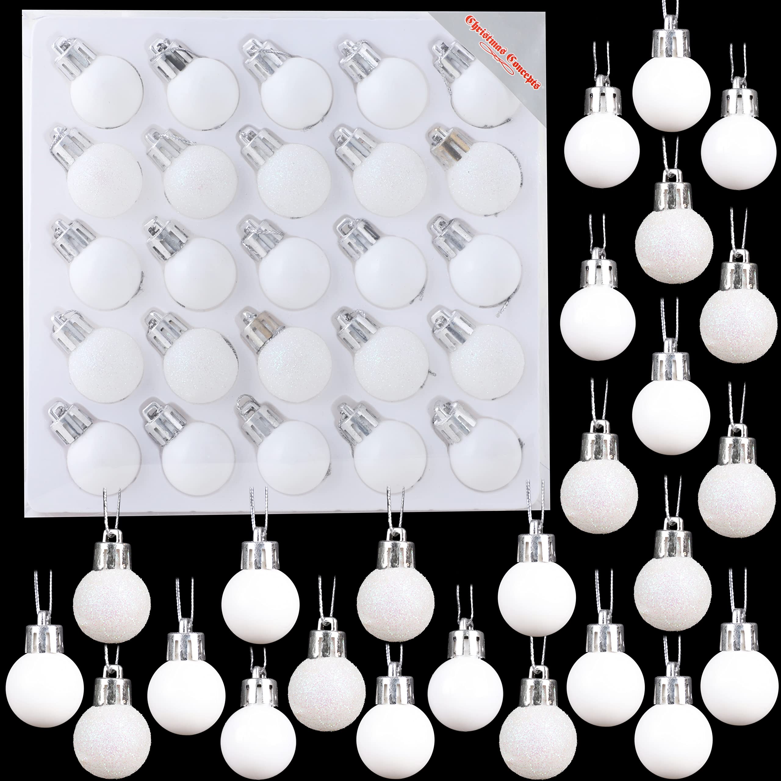 Christmas Concepts® Pack of 25-25mm, 2.5cm (1") Mini Christmas Tree Baubles - Shiny, Matte & Glitter Decorated Baubles (White)