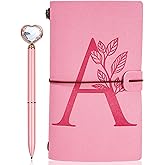 JEWPHX Personalized Journal Gift-Pink Initial Leather Journal+Heart Diamond Pen Set,Travel Notebook Diary Gifts,Refillable Notepads,Christmas,Birthday Gifts for Women Girls (7.9"x4.7") (A)