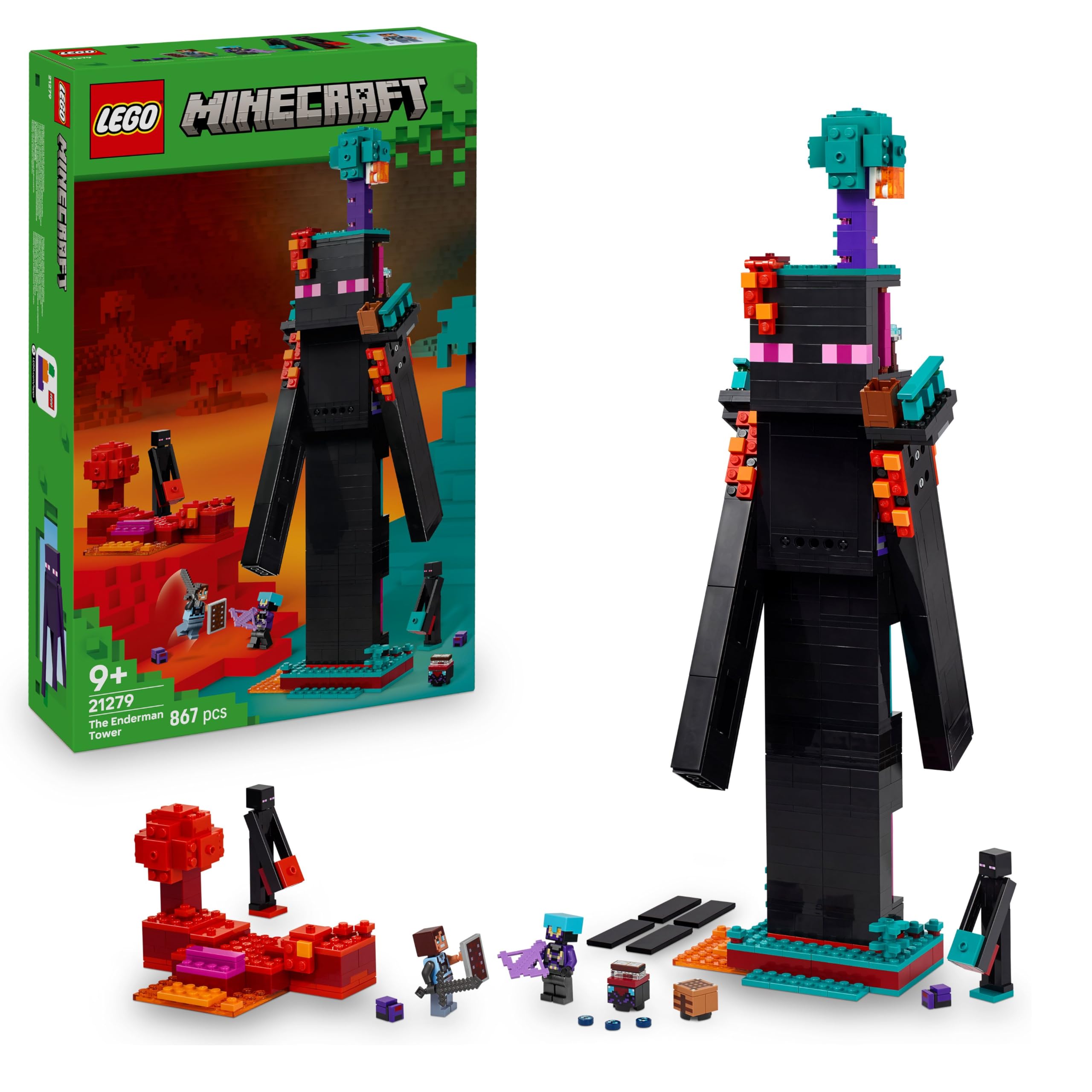 LEGO Minecraft 2in1 La Torre dell'Enderman - Giocattolo Modulare che si Trasforma in 2 Fortezze - con Mob dell'Enderman e un Portale del Nether - Regalo per Gamer, Bambini e Bambine da 9 Anni - 21279