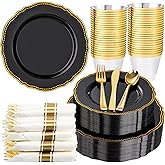 Hioasis 175pcs Black and gold Plastic Plates - Gold Plastic Dinnerware Set Includes 25 Dinner Plates, 25 Dessert Dinnerware, 25 Cups, 25 Napkins Perfect for Wedding & Party