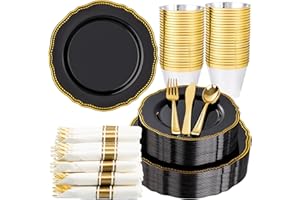 Hioasis 175pcs Black and gold Plastic Plates - Gold Plastic Dinnerware Set Includes 25 Dinner Plates, 25 Dessert Dinnerware, 25 Cups, 25 Napkins Perfect for Wedding & Party