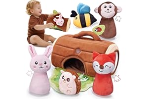 CuteZone Baby Toys 6-12 Months, Stuffed Animals for Babies, Soft Plush Forest Sensory Toy Set with Rattle, Crinkle, Mirror an