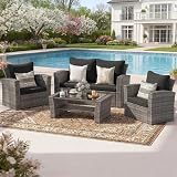 Wisteria Lane 4 Piece Patio Furniture Set, Wicker Outdoor Patio Conversation Furniture Set, All Weather Outdoor Patio Sofa with Cushion and Glass Table, Black