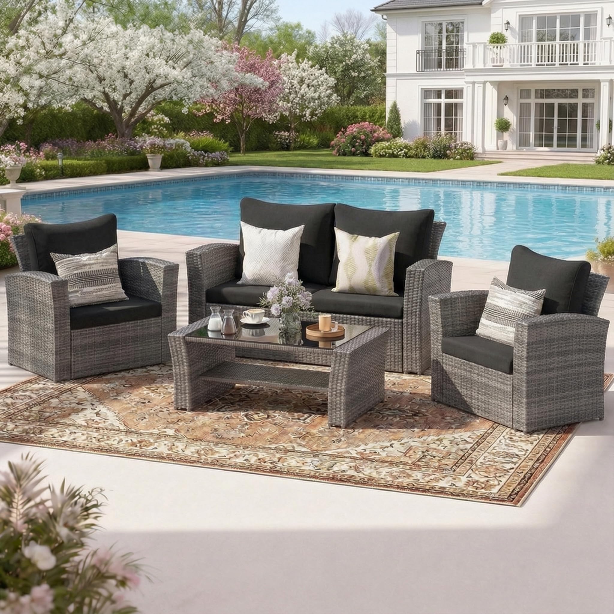 Photo 1 of ***PARTIAL SET (2/4) - PRICE ADJUSTED***
Wisteria Lane 4 Piece Patio Furniture Set, Wicker Outdoor Patio Conversation Furniture Set, All Weather Outdoor Patio Sofa with Cushion and Glass Table, Black