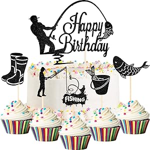 41 Pieces Gone Fishing Cupcake Topper Happy Birthday Cake Topper Fisherman Cake Decoration Fish Topper Picks Glitter for Men Boy Birthday Fishing Theme Party Supplies (Black)