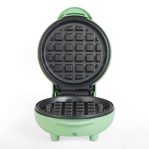 Giles & Posner EK4214GSGR Mini Waffle Maker – Non-Stick Waffle Iron Machine, For Belgian & American Style Waffles, Sweet/Savoury Snacks Desserts, Compact, 11.5 cm Round Cooking Plate, Pastel Green