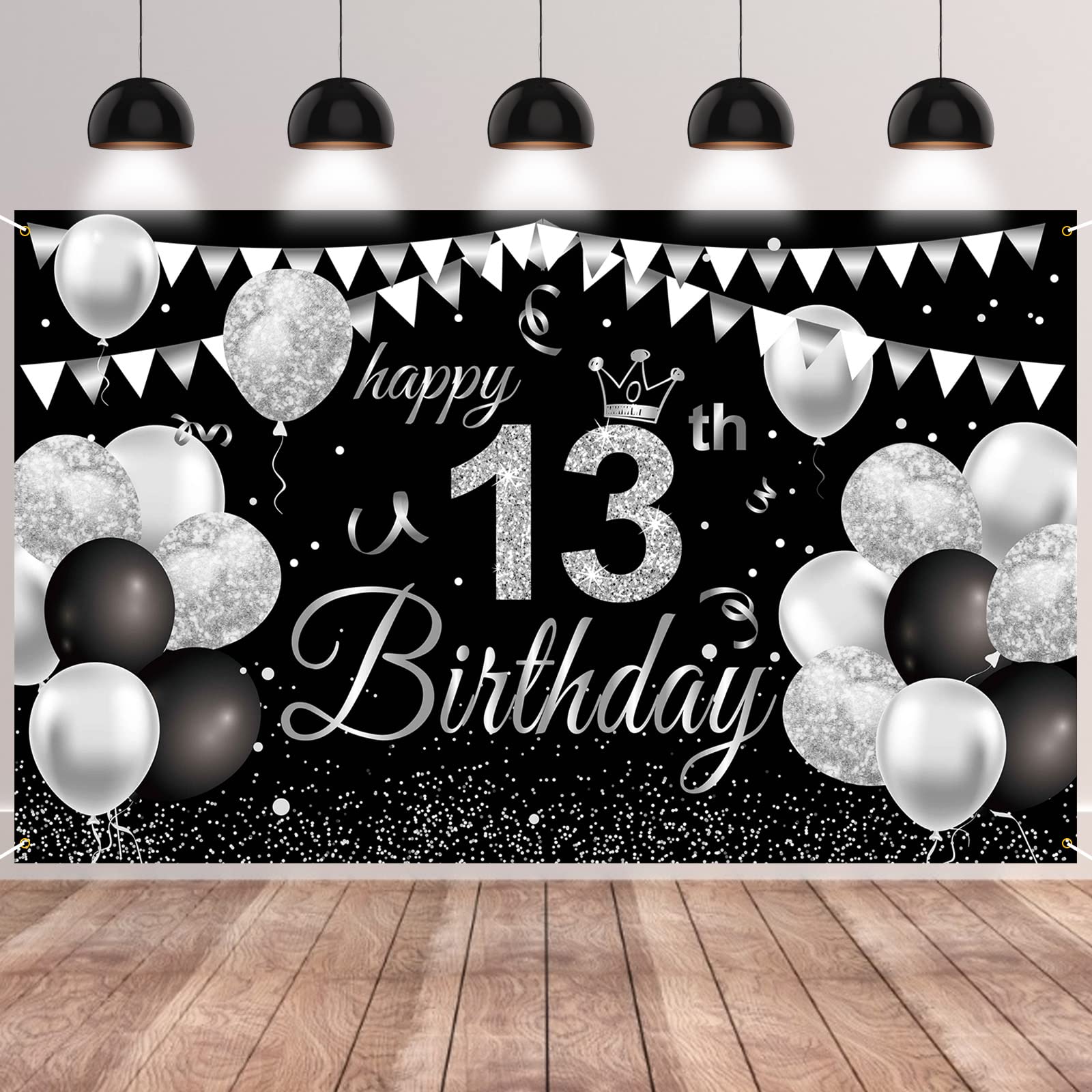 GRESATEK 13th Birthday Decorations - Silver & Black 13th Birthday Banner for Boys & Girls, Photo Booth Background Decor