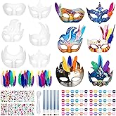 Elcoho 12 Pieces White Mardi Gras Paper Masks DIY Kit with 100 Feathers Gemstone Paint Paper Mache Art Mask for Crafting Half Face Masquerade Mask for Party Decorations Adult Costume Party Favors