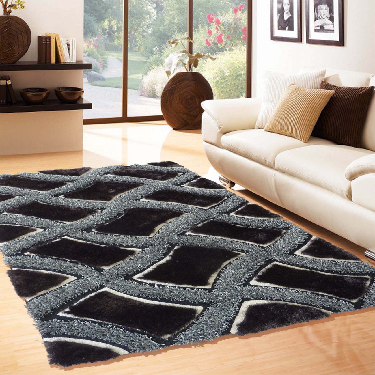 Plush Soft Elegant Black And Grey Shaggy Hand Tufted Area Rug 100 Polyester Exact