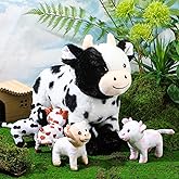 Hollowfly 5 Pcs Cow Stuffed Animals Set Mommy Cow and 4 Baby Plushies with Magnets 9.8 Inch Plush Animals Toy Gifts for Kids Birthday Party Favors Farm Decorations Party Christmas