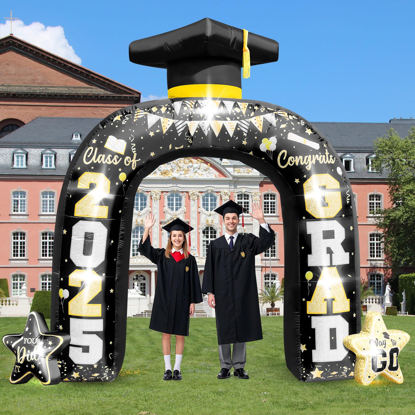 Photo 1 of 10FT Graduation Inflatables Arch Decoration Class of 2025 with 7 Build-in LED Lights Graduation Party Decorations for College High School Kindergarten Preschool,Black Gold