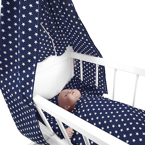 Sugarapple 4-teiliges Set für Puppenwiegen bestehend aus Himmel, Kissen, Bettdecke, Matratze aus Baumwolle, dunkelblau mit we