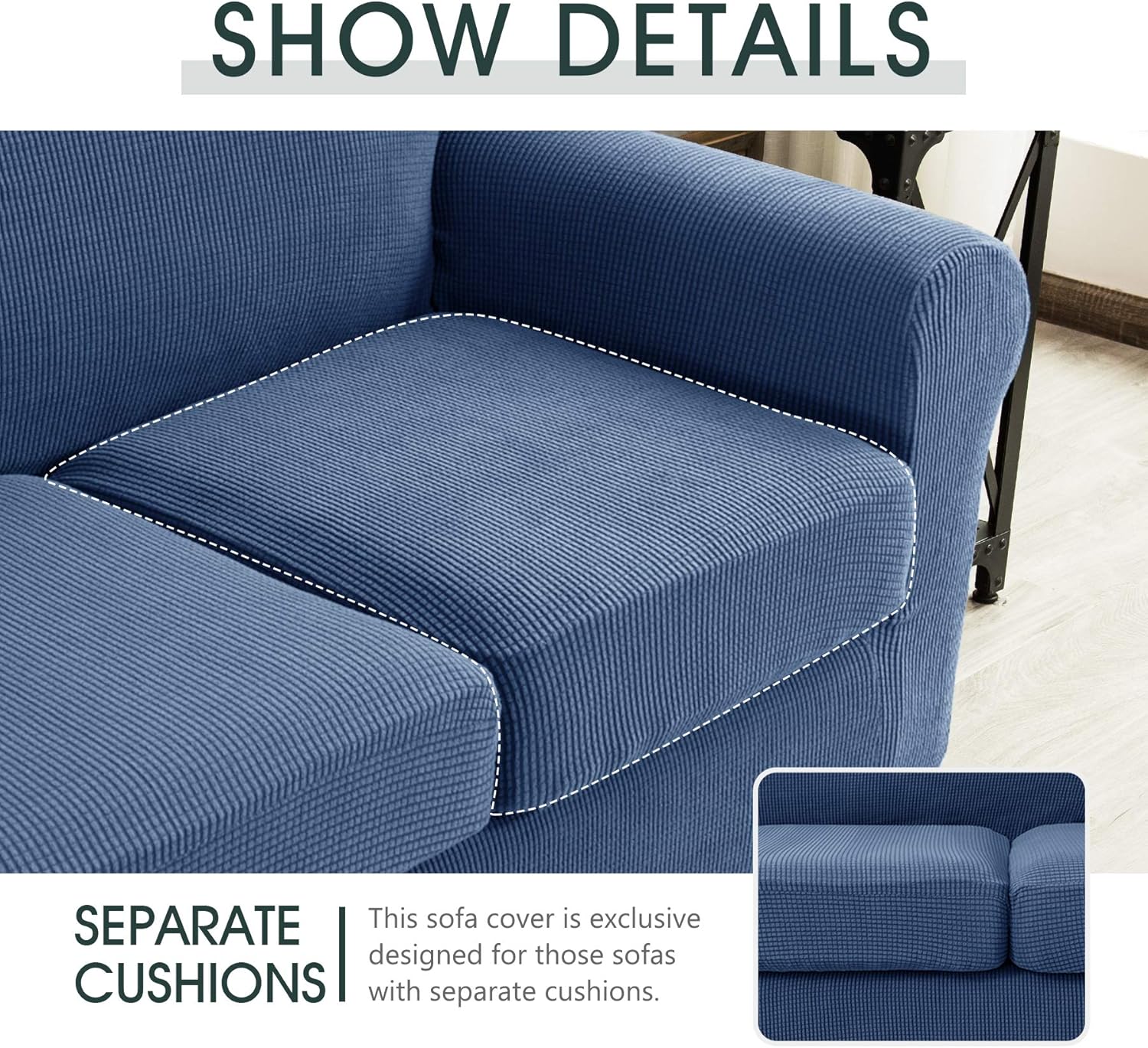 CHUN YI 4 Pieces Stretch Sofa Cover for Dogs, 3 Seater Couch Slipcover with 3 Seperate Cushion Replacement Coat for Ektorp Universal Sleeper, Checks Spandex Jacquard Fabric, Large, Denim Blue: Home & Kitchen