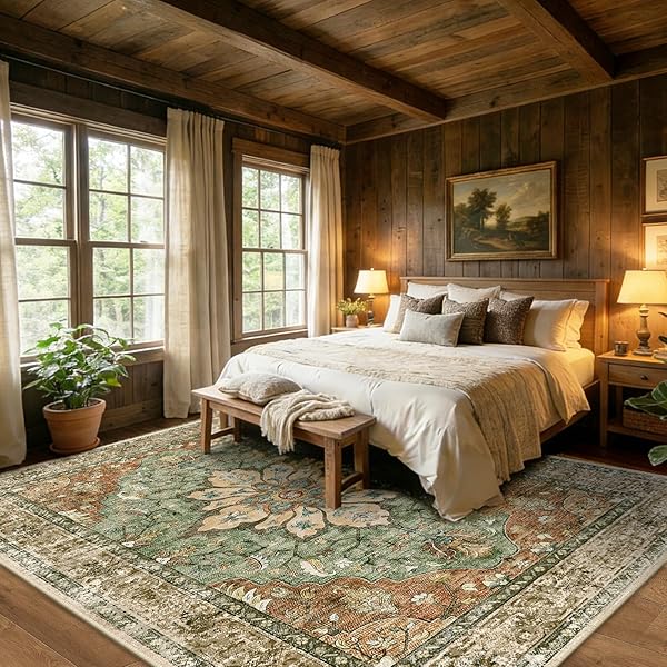 RELEANY AREA RUGS 9’X12′ WASHABLE NON-SLIP, FLORAL VINTAGE DISTRESS PRINT PATTERN MEDALLION CARPET FOR LIVING ROOM BEDROOM DINING ROOM, BRICK RED RUST NEUTRAL BROWN BURNT ORANGE GREEN