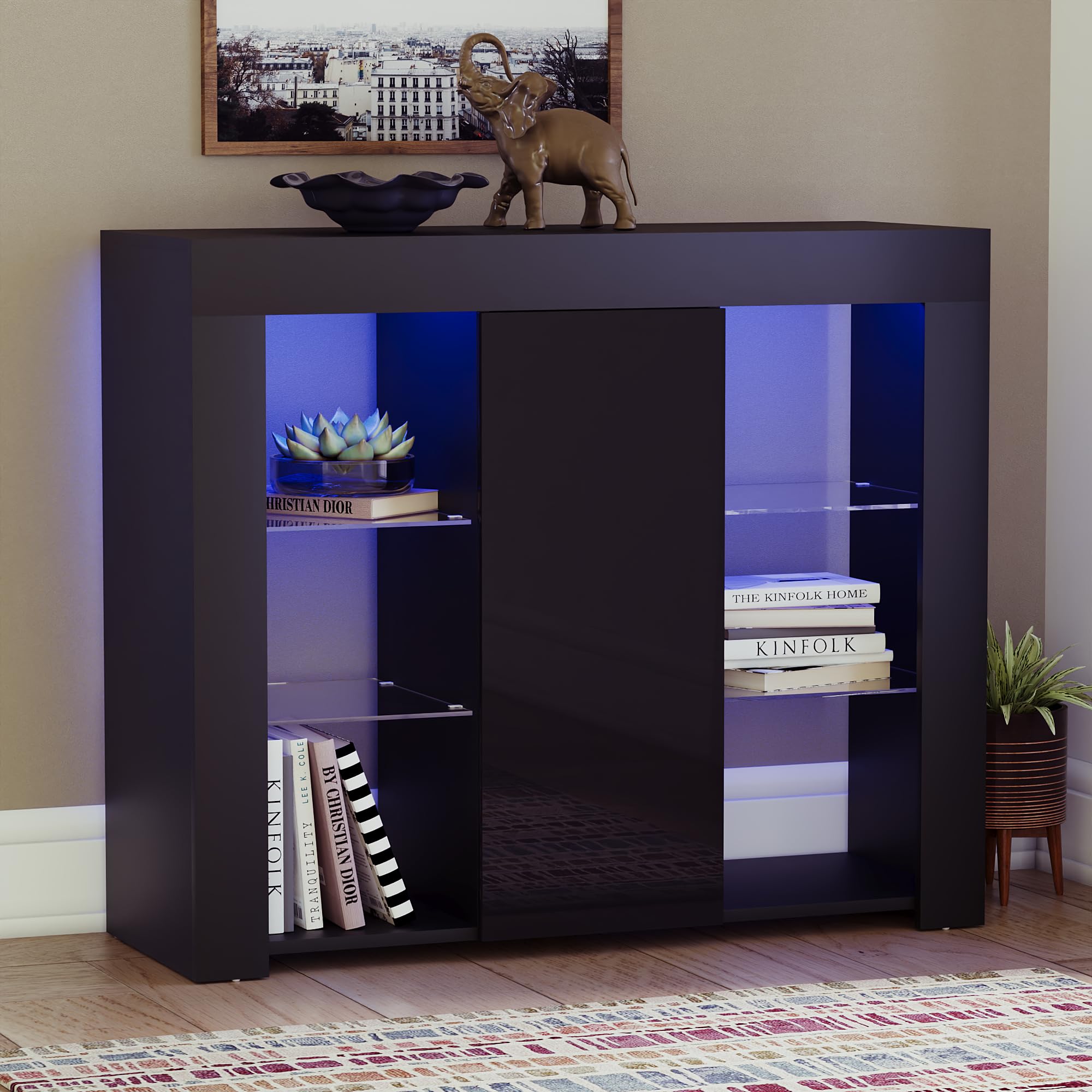 Vida Designs Large Azura 1 Door Modern LED Sideboard in Black, RGB Lights (Fade/Strobe Options Included), High Gloss