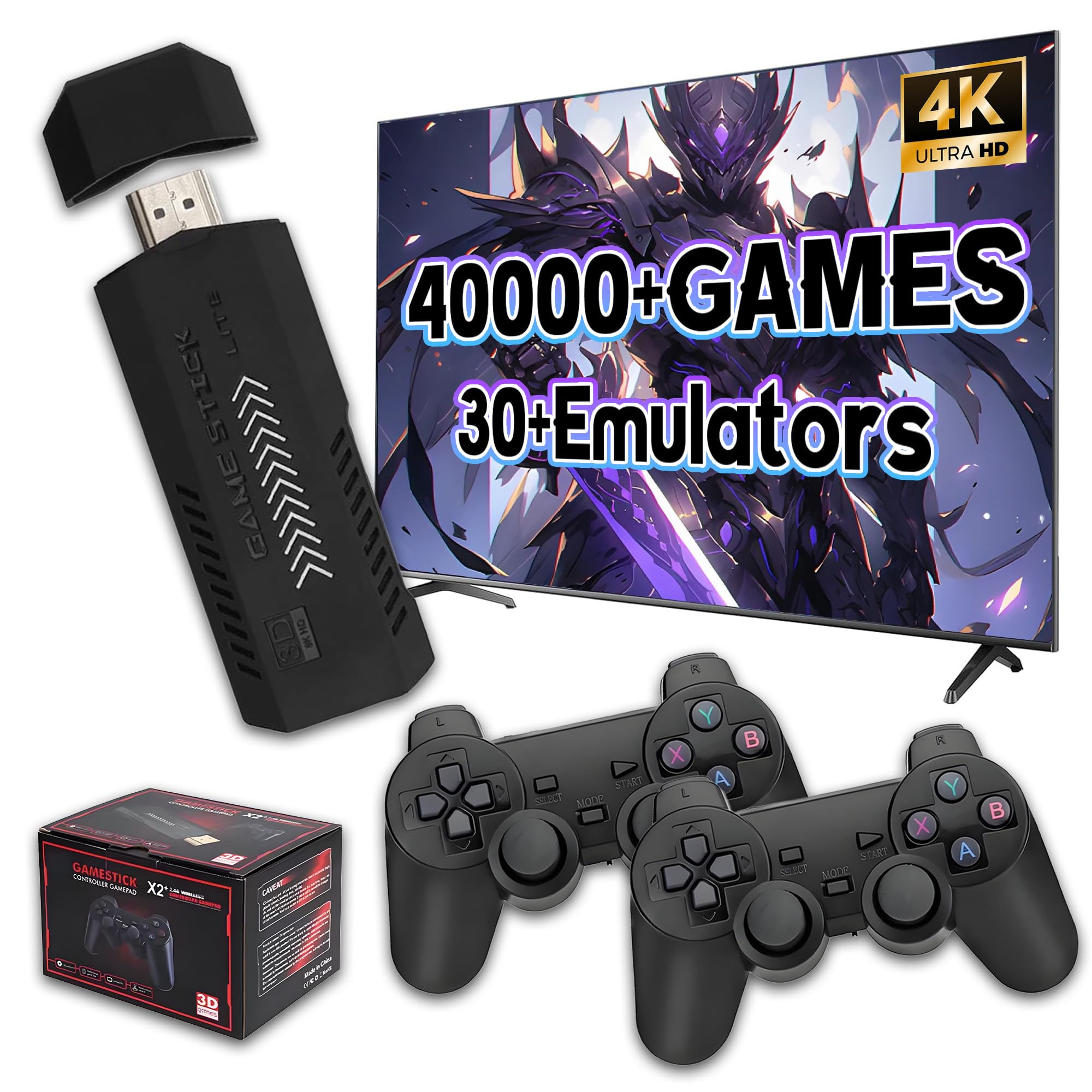 X2 PLUS Retro Gaming Stick 4K HD Output Retro Game Console,Built in 40000+Games,30+simulators,Quad-core S905L processor,plug and play Video Game Stick with 2 Wireless Controllers,TV/Computer,64GB