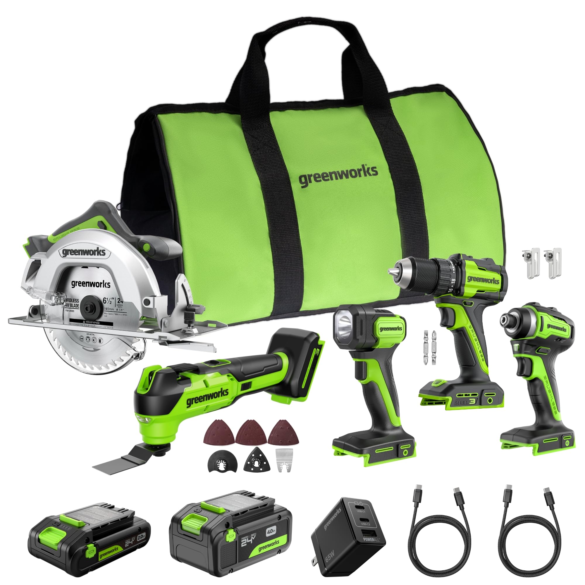 GREENWORKS 24V (5-TOOL) Combo (Drill + Impact Driver + Circular Saw + Multi-Tool + Flashlight), 4.0Ah + 2.0Ah (24,000mAh Power Bank) Batteries, (2) Cables, 65W Rapid Charger Image