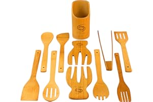Grand Sierra Designs Bamboo Cooking Utensils - 11-Piece Wooden Kitchen Utensil Set W/A Bamboo Utensil Holder - Non Toxic and Eco Friendly Wooden Spoons for Cooking W/Wooden Tongs & Slotted Spatula