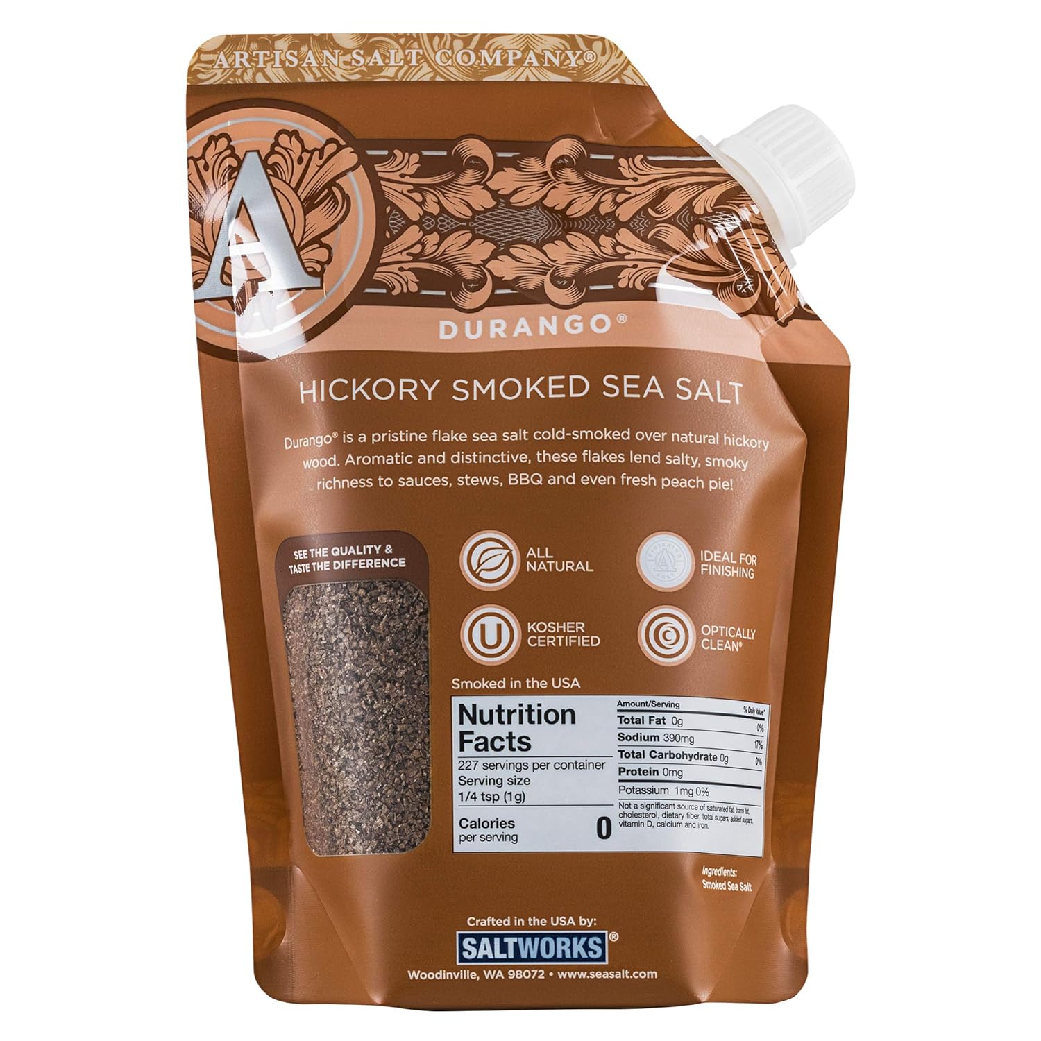 SaltWorks Durango Hickory Smoked Sea Salt, Artisan Pour Spout Pouch, 8 Ounce : Grocery & Gourmet Food