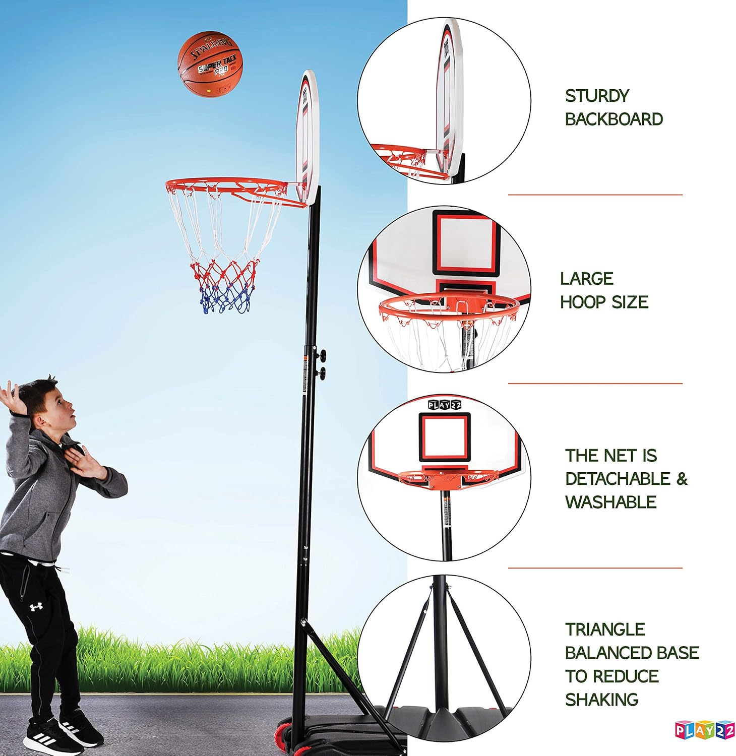 Play22 Kids Adjustable Basketball Hoop Height 5 - 7 FT - Portable Basketball Hoop for Kids Teenagers Youth and Adults With Stand & Backboard Wheels Fillable Base - Basketball Goals Indoor Outdoor Play: Sports & Outdoors