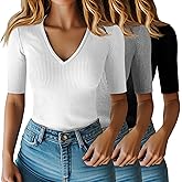 Riyiper 3 Pack Women's Half Sleeve Top Elbow Length Ribbed Cotton T Shirt Women V Neck Summer Tee Slim Fit Casual Blouses