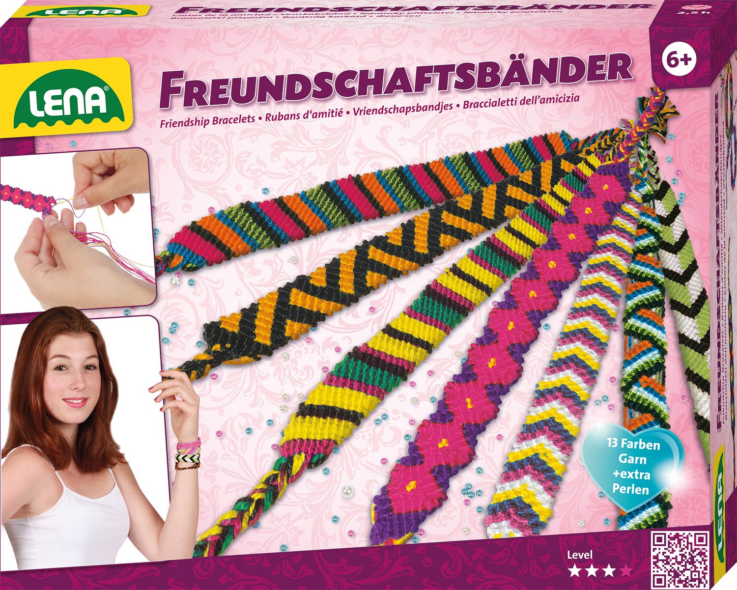 Lena 42689 - Craft set Friendship wristbands, with thread in 13 colours and many threading beads, knotting set for children from 6 years, jewellery set with instructions for braiding wristbands