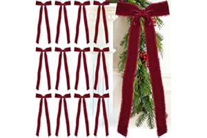 Glitinsel 20 Pcs Burgundy Large Velvet Christmas Bows 4.7" x 11" Big Pre Tied Handmade Fringe Velvet Ribbon Bows 1" Wide Rustic Crafts Gift-Bows with Twist Tie for Gift Wrapping Christmas Decor