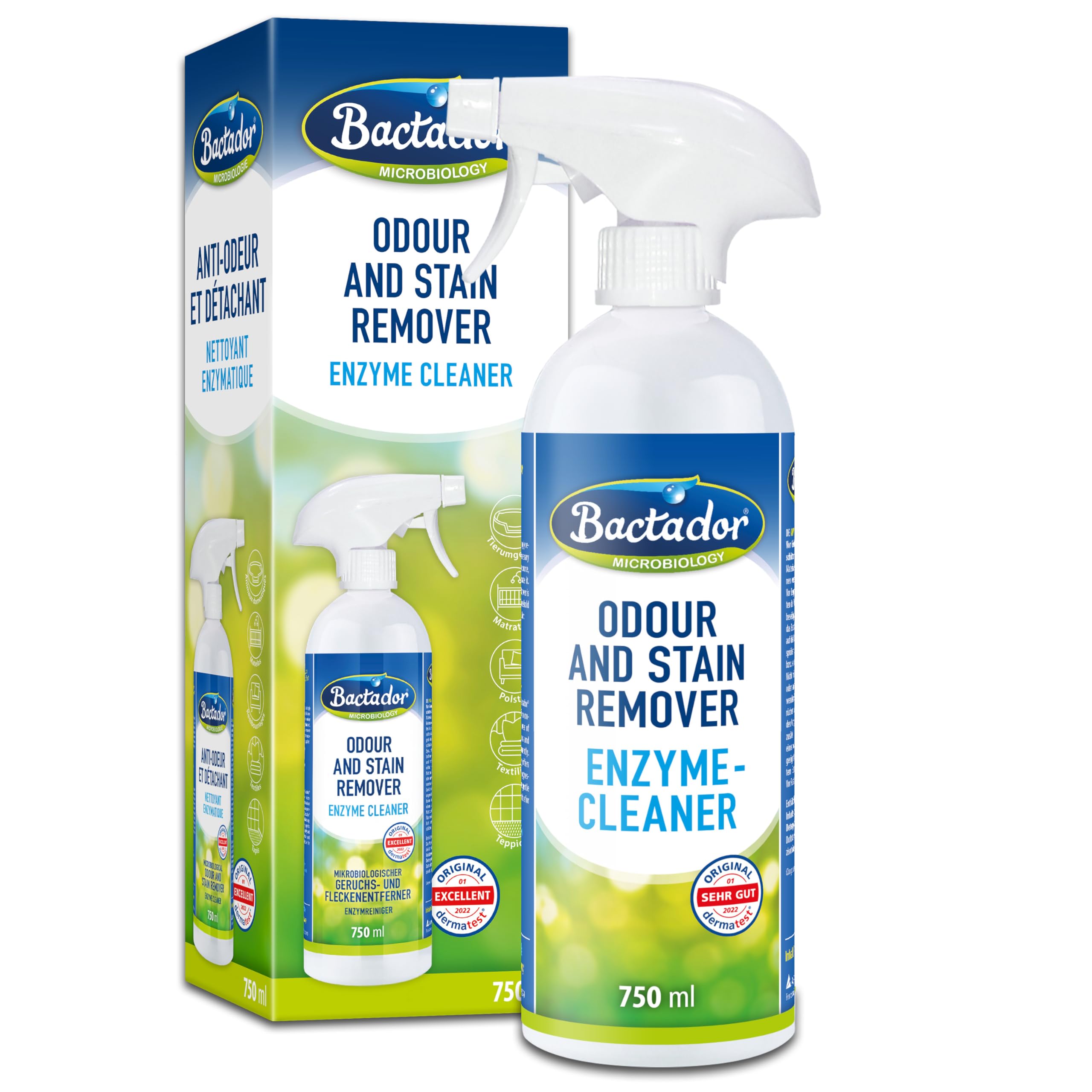 Bactador Enzyme Cleaner Spray 750ml- Enzymatic cleaner & Cat urine enzyme cleaner - Pet carpet cleaner - Microbiological urine neutraliser - Pet stain & odour remover - For home & animal environment
