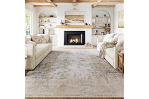 WondRg 8x10 Washable Area Rug for Living Room Bedroom Beige Blue Neutral Carpet Low Pile Soft Thin Tapis Salon Abstract Moder