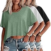 Huukeay 3 Pack Women's Oversized Cropped T Shirts Short Sleeve Loose Summer Crop Tops Casual Crewneck Irregular Hem Baggy Tee