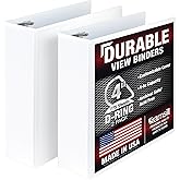Samsill Durable 4 inch 3 Ring Binder, D Ring Binder, 100% Recycled Chipboard, White, 2 Pack