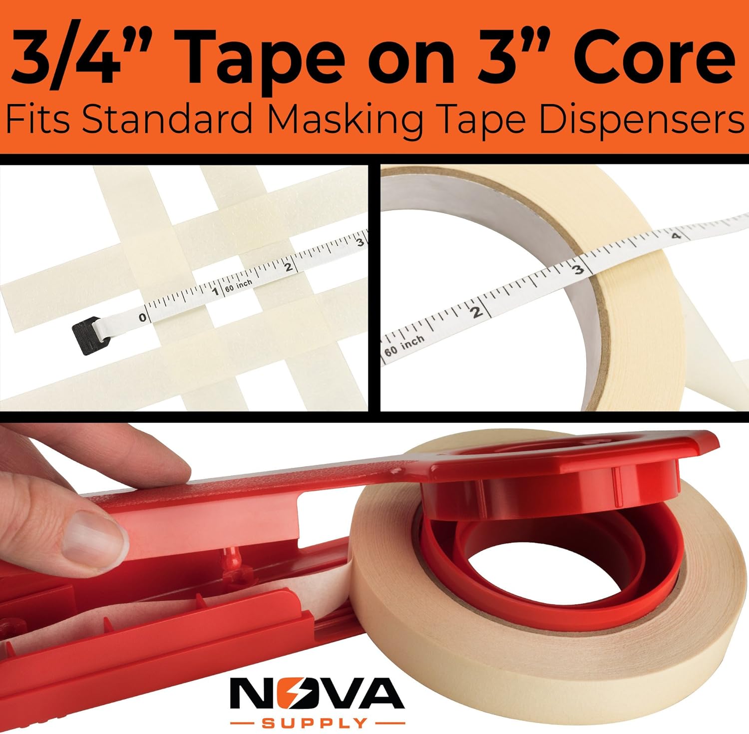 Nova Supply 3/4 in Pro-Grade Masking Tape. 60 Yard Roll 12 Pack = 720 Yards of Multi-Use, Easy Tear Tape. Great for Labeling, Painting, Packing and More. Adhesive Leaves No Residue. : Office Products