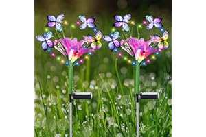 Aukora Solar Garden Lights Outdoor Waterproof, A Heart-Shaped Garland Design with Artificial Butterflies ＆ Flowers, 7 Color Changing LED Beads for Patio Yard Wedding Decor, Gifts for Women (2-Pack)