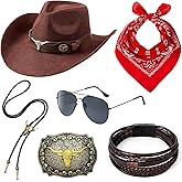 6 Pcs Cowboy Costume Outfit for Men Western Cowboy Hat and Accessories Set Halloween Wild West Cosplay Party
