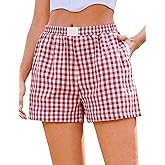 Marvmys Womens Boxer Shorts Cotton Plaid Gingham Shorts Summer Elastic Waist Pajama Buttoms with Pockets