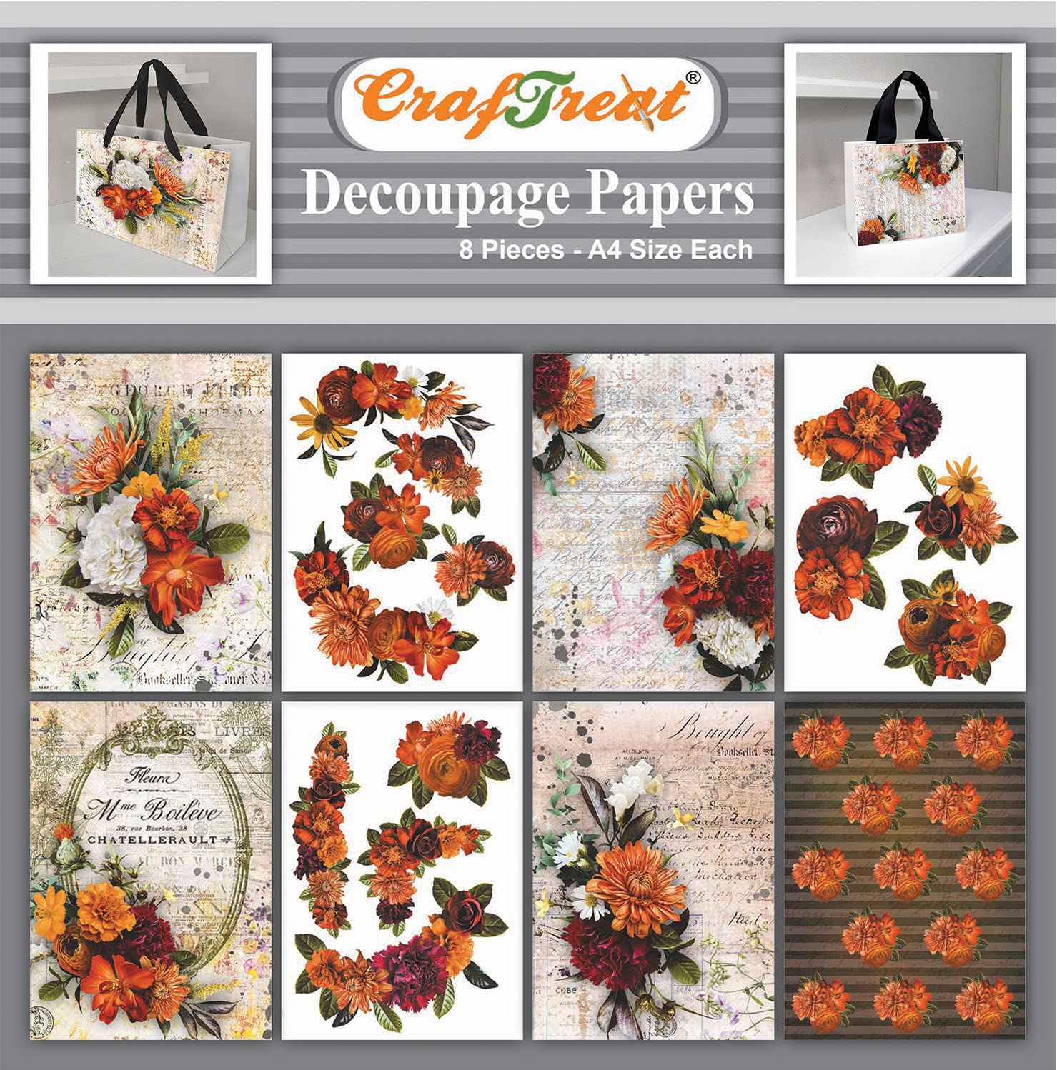 CrafTreat Reusable Floral Decoupage Paper - Vintage Botanicals - Size: A4 (8.3 x 11.7 Inch) - 8 Pcs - Decorative Paper for Furniture