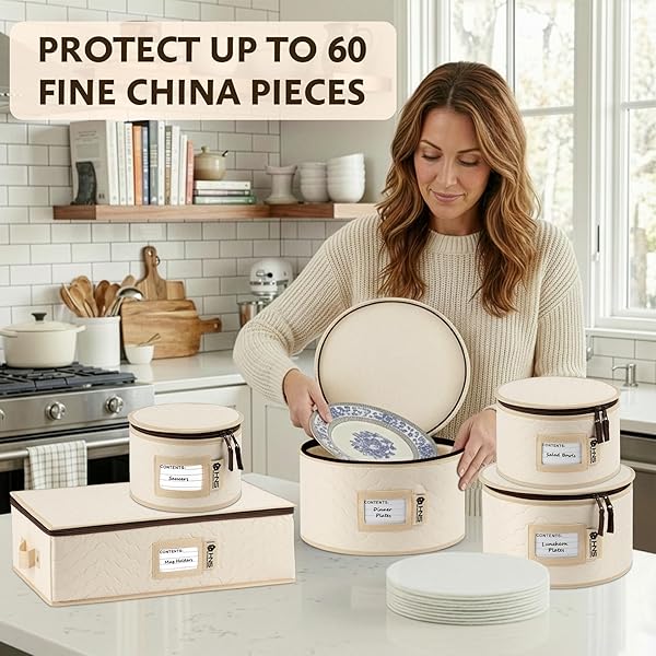 CHINA STORAGE HARD SHELL CONTAINERS 5-PIECE SET MOVING BOXES FOR DINNERWARE, GLASSES, PLATES, MUGS AND SAUCERS STURDY DISH ORGANIZER WITH DIVIDERS FOR SEASONAL STORAGE – SERVICE FOR 12 – BEIGE QUILTED