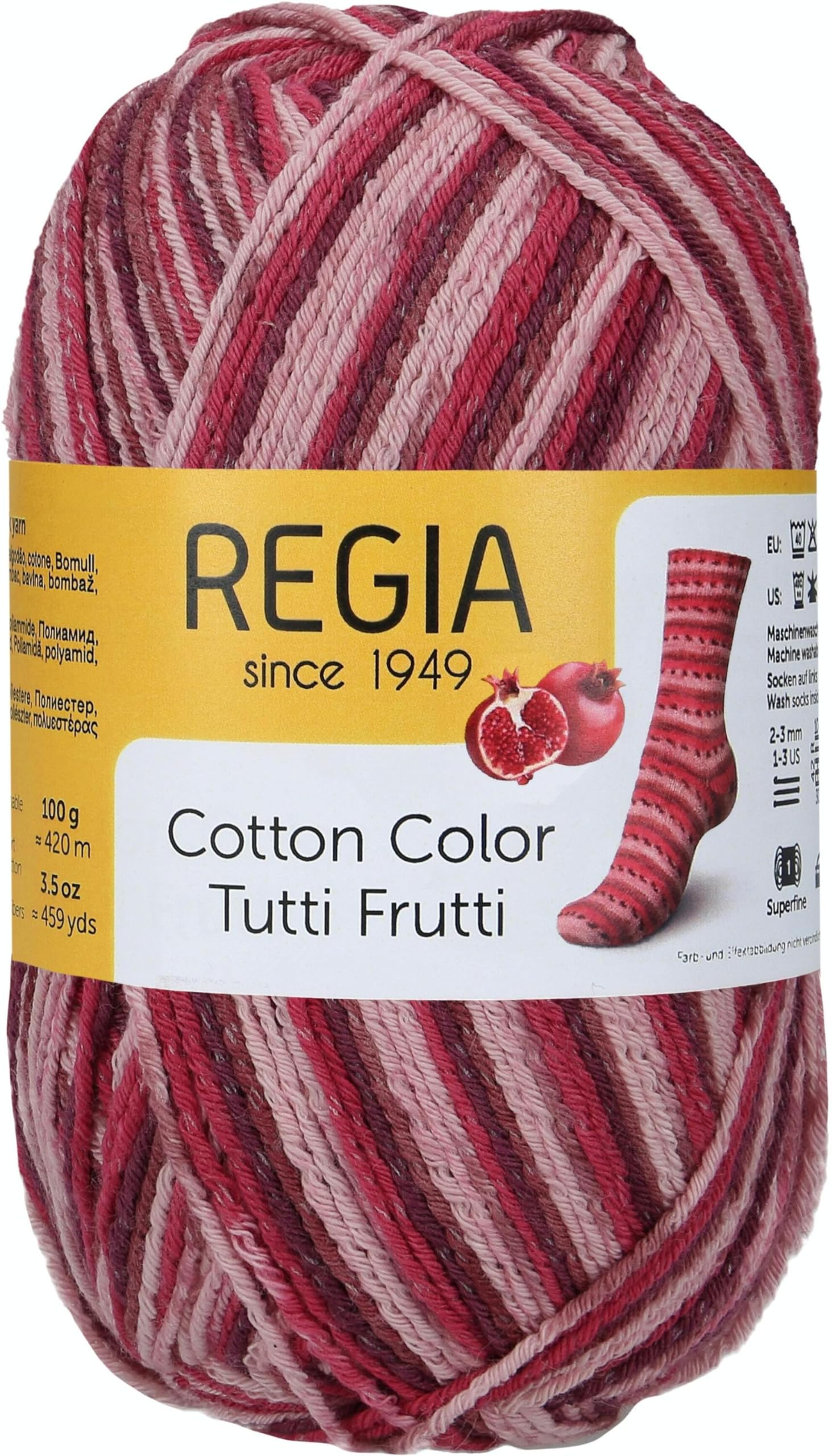 Regia 4-Strand Cotton Yarn, Colour: Tutti Frutti, Hand Knitting Yarn, Sock Yarn,100 g Ball, 9801621-02416, Pomegranate, 16 x 8 x 8 cm