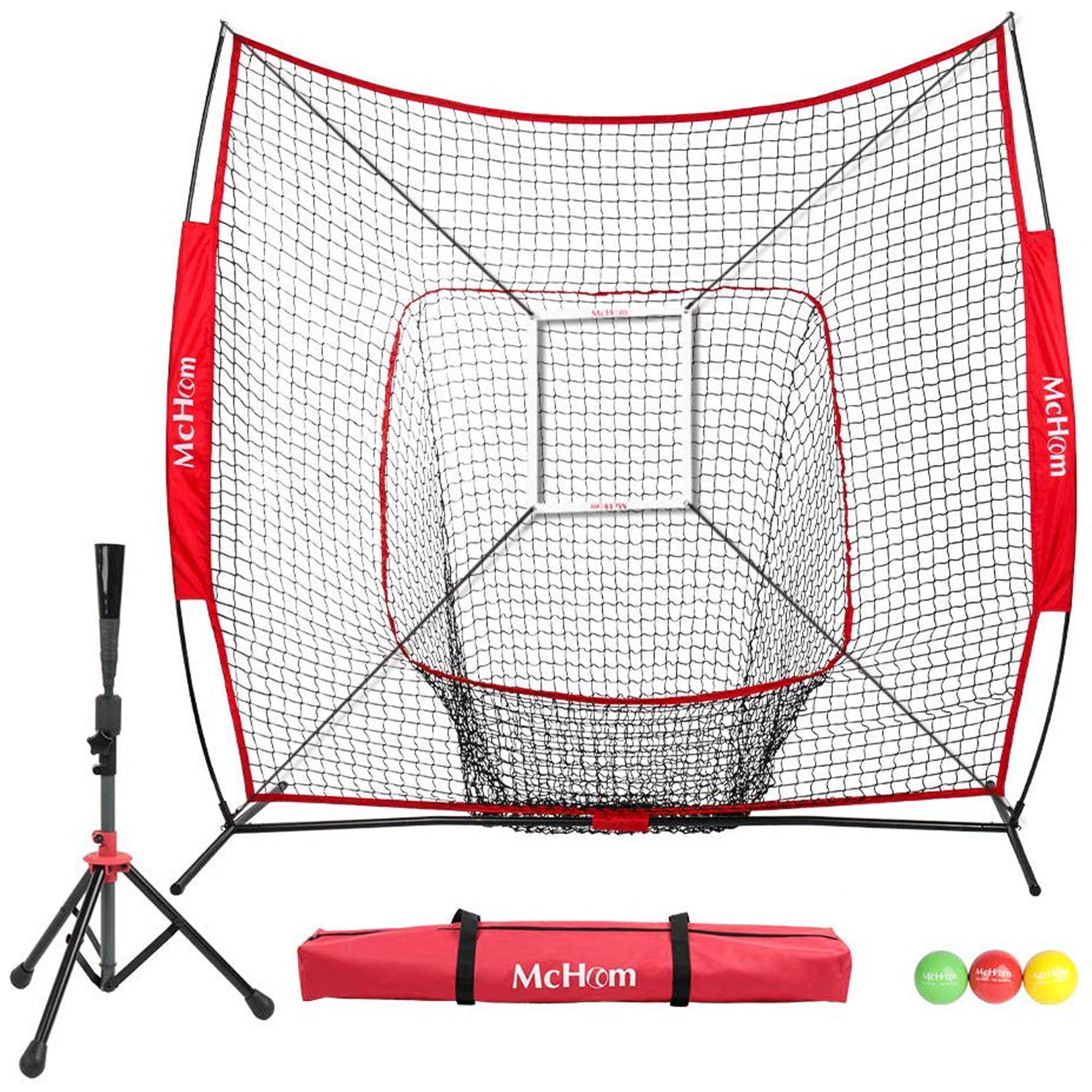 McHom 7' x 7' Baseball & Softball Bundle | Hitting & Pitching Practice Net | Includes Tee, 3 Weighted Balls, Strike Zone & Carry Bag | Collapsible & Portable, Red Image
