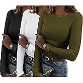 Zeagoo Womens Long Sleeve Stretch Crewneck Ribbed T-Shirt Slim Fit Casual Basic Tops S-XXL